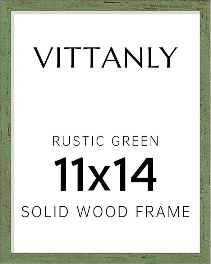 Vittanly 11x14 Picture Frame, Solid Wood Frame with Plexiglass, Includes 8x10 Mat, Wall Hanging for Photos, Home Decor, Rustic Green, 1 Pack