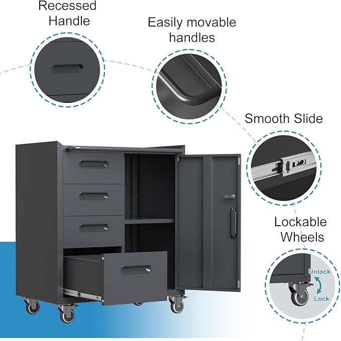 Black Metal Storage Cabinet with Wheels Heavy Duty Steel Rolling Tool Carts for Garage Locking Tool Storage Cabinets with Wheels and Drawers for Kitchen Basement Warehouse, Assembly Required