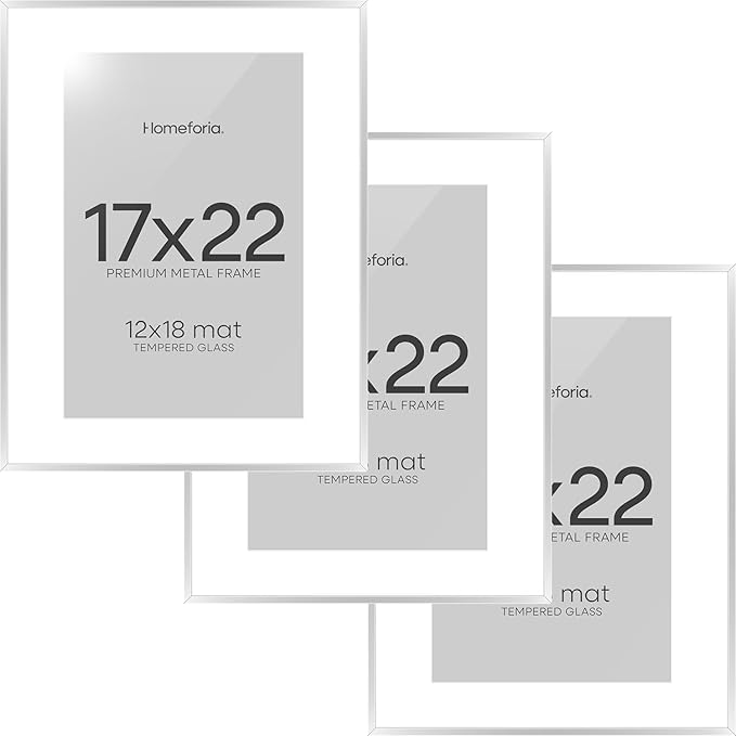 Homeforia 17x22 Picture Frame Silver, High End Metal 17x22 Frames with Mat 12x18 for Photo, 17 x 22 Silver Poster Frame Matted to 12 x 18 Print, 22x17 Hanging Frame, Tempered Glass, Wall Kit, Set of 3