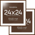 Homeforia 24x24 Picture Frame Brown, High End Dark Oak 24 x 24 Square Wood Frame with Mat 20 x 20 for Photo, 24by24 Wooden Walnut Poster Frame Matted to 20x20 Print, Tempered Glass, Wall Kit, Set of 2