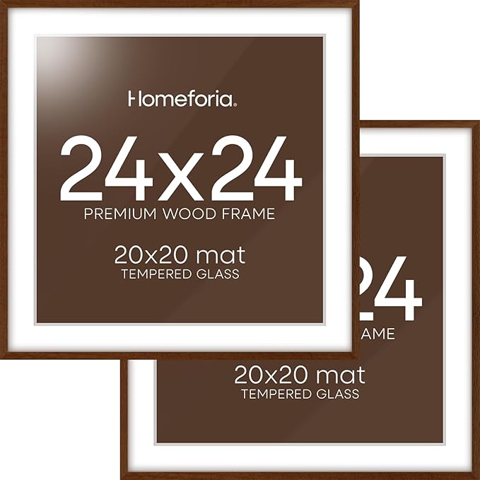 Homeforia 24x24 Picture Frame Brown, High End Dark Oak 24 x 24 Square Wood Frame with Mat 20 x 20 for Photo, 24by24 Wooden Walnut Poster Frame Matted to 20x20 Print, Tempered Glass, Wall Kit, Set of 2