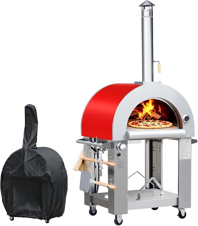 32.5" Dual Fuel Pizza Oven - Wood Fired or Propane Gas Fueled, Large Outdoor Oven with 4 Casters, 8 pcs Pizza Stones for BBQ, Grilling, 430 Stainless Steel Pizza Oven for Backyard, Camping and Party