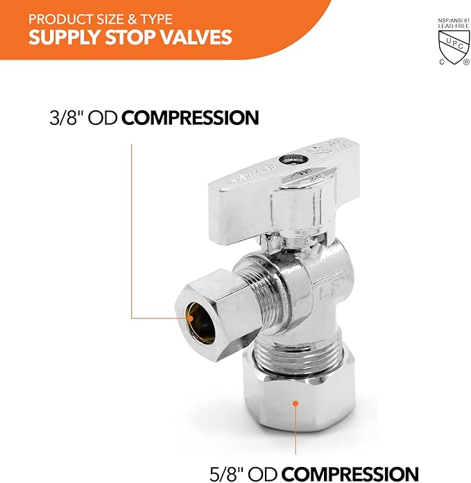 Stainless Steel Toilet Connection Kit - Braided Water Hose, 3/8" Compression x 7/8" Metal Ballcock, 20" Length (5Pack) + Supply Stop Valves, 5/8" x 3/8" Compression (5Pack)