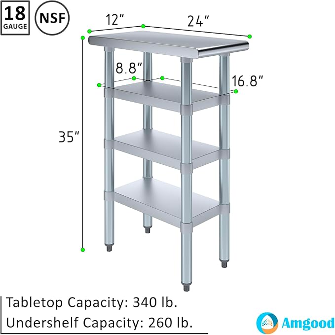24 in. x 12 in. Stainless Steel Work Table with Three Bottom Shelves | NSF Kitchen Prep Table | Utitly Metal Table