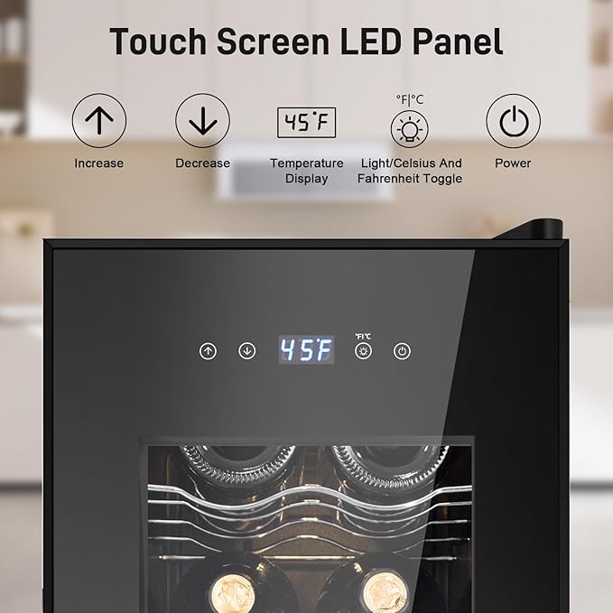 Tylza 12 Bottles Wine Fridge, Wine Cellar with Powerful Compressor, LED Touchscreen, Low-E Tempered Glass Door, Lock, Wine Cooler Refrigerator for Red, White, Champagne or Sparkling Wine, Black
