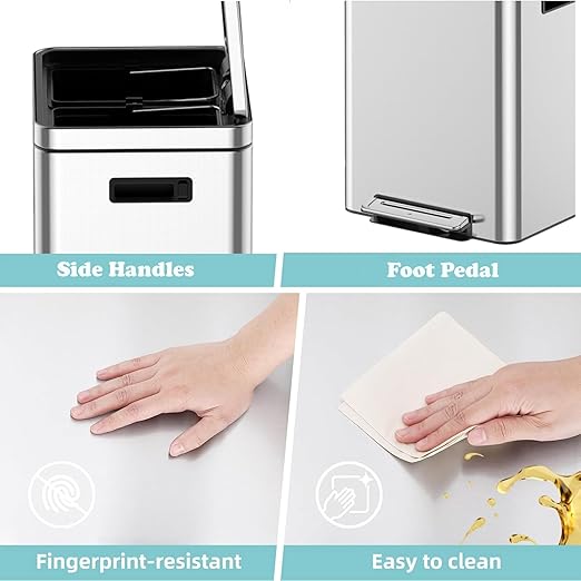 Dual Compartment Trash Can - 2 X 4 Gal (2 x 15L) Stainless Steel Trash Can, Double Sorting Bin with Soft Close Lids, Removable Inner Bucket, Step-on Recycling for Kitchen Home Office