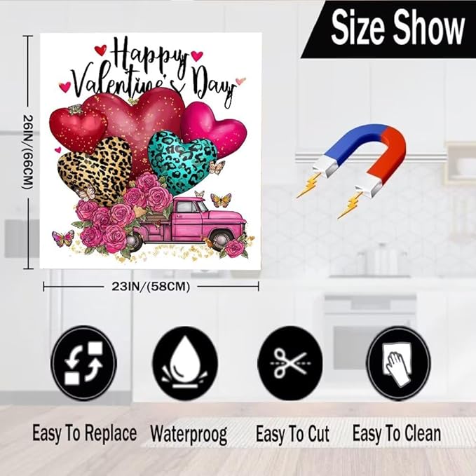 Happy Valentine's Day Magnetic Dishwasher Cover Vinyl Sticker,Pink Truck with Hearts and Roses Dishwasher Magnet Cover, Fridge Door Cover Magnets Art Skin Panel Decal for Home Decor, 23"X26"