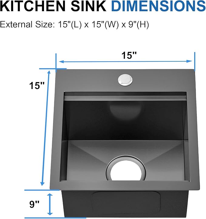 Scamall 15x15x9 Drop In Kitchen Sink Workstation, Nano Black 304 Stainless Steel Deep Single Bowl with Quick Drainage & Tarnish-Free Surface for Bar, Laundry, RV, Includes Accessories