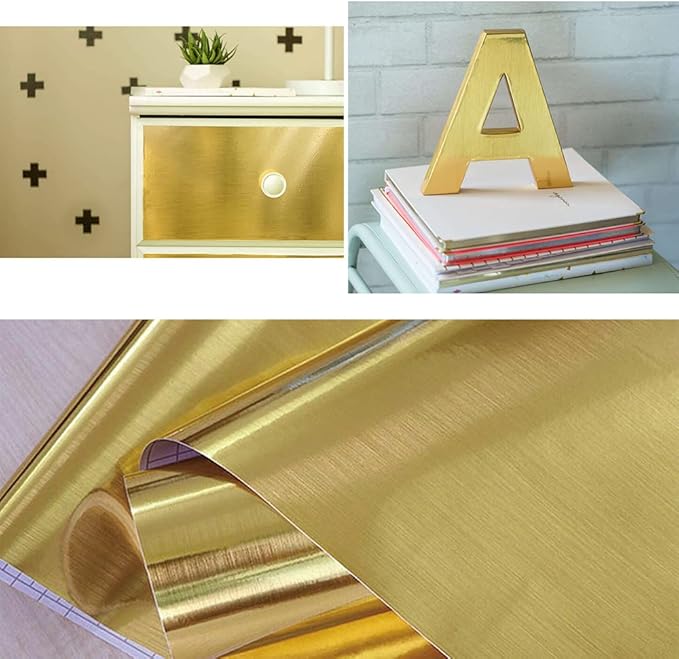 Hopepak 17.3''x197'' Gold Contact Paper Peel and Stick Metallic Self Adhesive Removable Wallpaper Waterproof Vinyl Roll for Furniture Shelf Liner Kitchen Appliances DIY Decor
