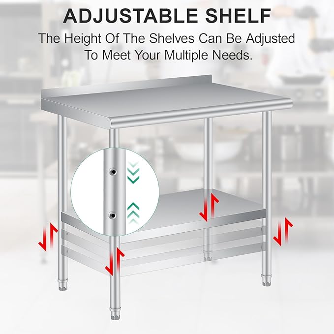 Stainless Steel Prep Table, 36 x 24 Inches, with Backsplash, Adjustable Undershelf and 4 Caster Wheels, Commercial Heavy Duty Table with Adjustable Under Shelf for Outdoor Use,Restaurants,Hotels,Works