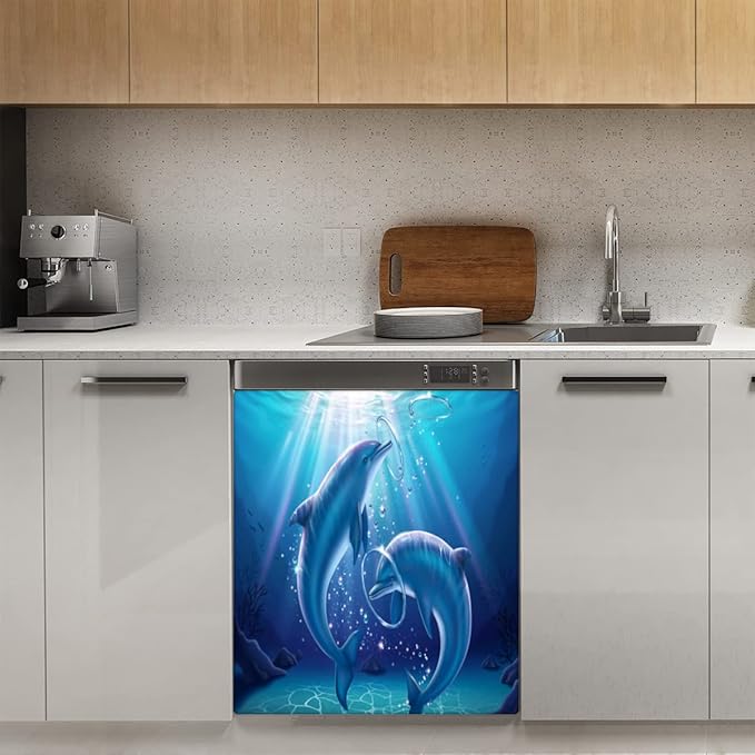 Dolphin in Ocean Dishwasher Magnet Cover for The Front Dishwasher Door Cover Panel Decals Magnetic Refrigerator Cover for Kitchen Farmhouse Home Decor（23 X 26 in）