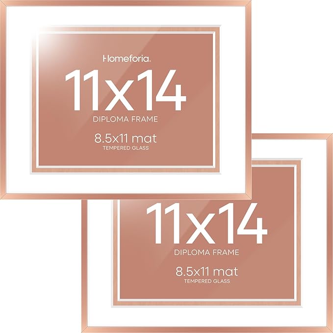 Homeforia 11x14 Diploma Frame Rose Gold, High End Metal 11 x 14 Certificate Frames with Mat 8.5x11, 14x11 Document Frame Matted to 8.5 x 11, Award Graduation Frames, Tempered Glass, Wall Kit, Set of 2