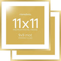 Homeforia 11x11 Picture Frame Gold, High End Metal 11 by 11 Square Frames with Mat 9 x 9 Photo, 11by11 Thin Poster Frame Matted to 9x9 inch Art, Wall Hanging Frames, Tempered Glass, Wall Kit, Set of 2
