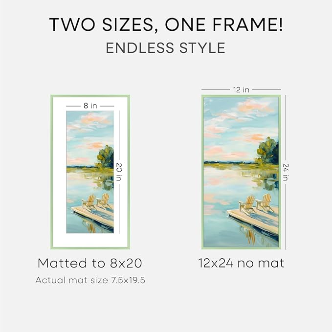 Homeforia 12x24 Sage Green Picture Frame, High End Metal 12x24 Poster Frames with Mat 8x20 Photo, 12 x 24 Green Frame Matted to 8 x 20 Print, 24x12 Panoramic Frames, Tempered Glass, Wall Kit, Set of 1