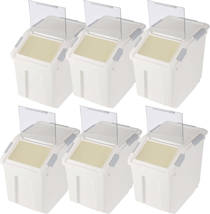 EonTone Pack-6 Commercial Flour Storage Container 25 Liters (30 Lb‎) with Lockable Lid Wheels and Measuring Cup BPA-Free Food Dispenser