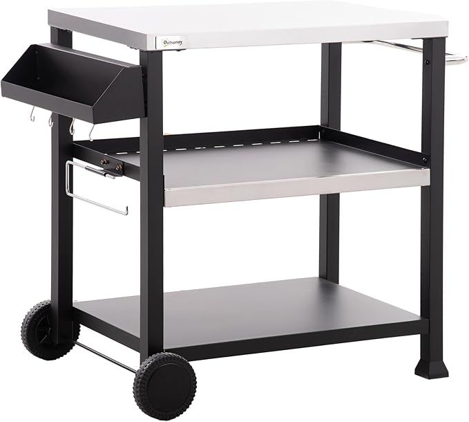 CHARMMA Three-Shelf Outdoor Grill Cart with Stainless Steel Tabletop, Side Handle, 32" x 20.5" Multifunctional Pizza Oven Stand, Movable Food Prep Table on Wheels, 39.25x25.50x33in