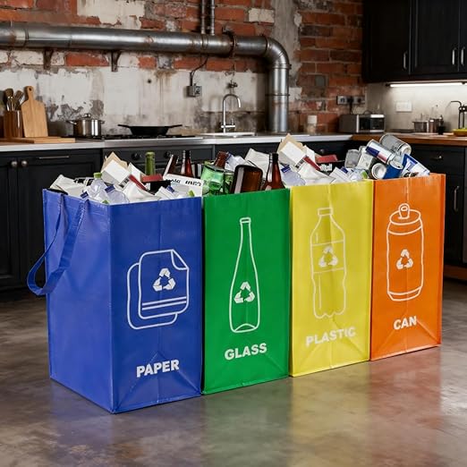 4 PCS Separate Recycling Waste Bin Bags,Reusable Waterproof Waste Baskets for Kitchen Office Home,Indoor Recycle Bins Waste Trash Sorting Organizer