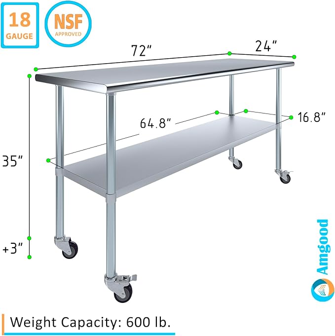 AmGood 72" Long x 24" Deep Stainless Steel Table with Casters