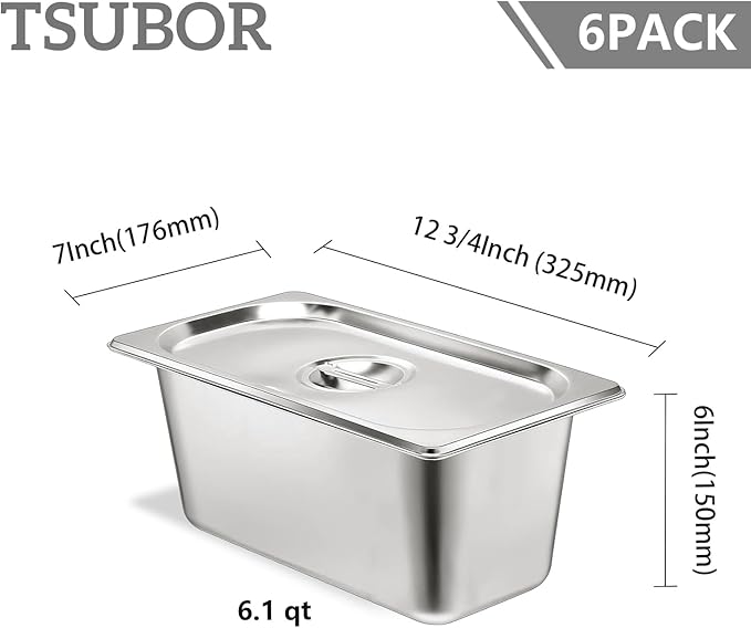 6 Set Stainless Steel Hotel Pans 1/3 Size 6 Inch Deep With Lids, Anti-Jam Chafing Steam Table Pans, Catering Food Storage Metal Pan