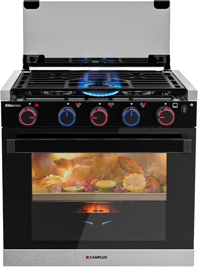CAMPLUX Elite 21-Inch RV Stove Oven Combo with Flame Failure Protection, 1.8 Cu.ft RV Propane Oven with 3 Burners Cooktop, 28,100 BTU, Slide-In RV Range Oven for Camper, Trailer, Black