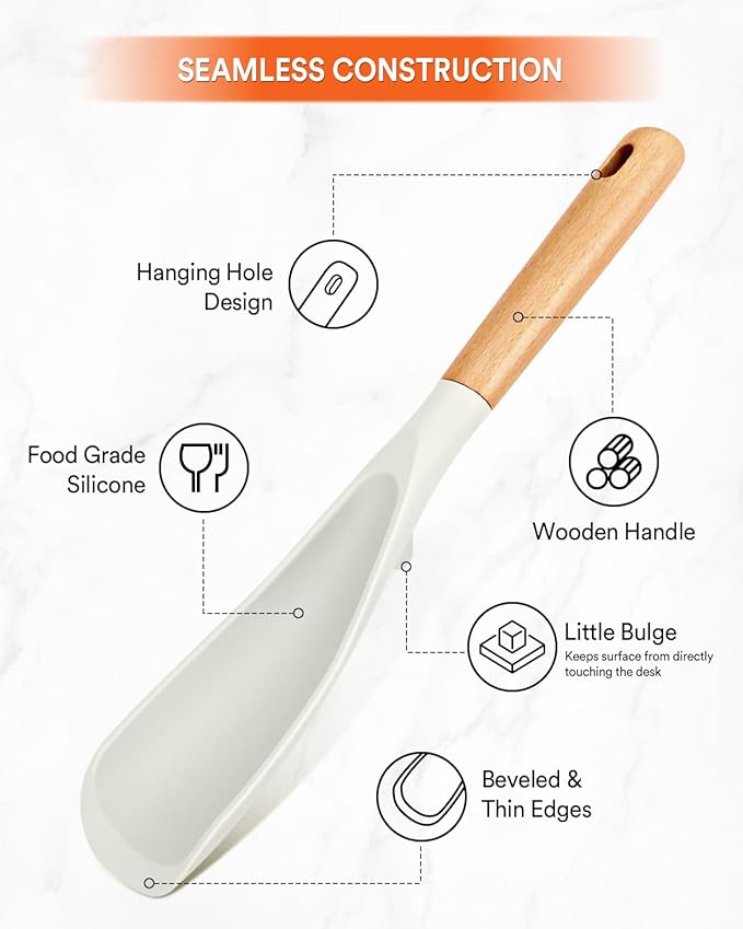 Cooking Spoon for Nonstick Cookwares, Great for Cooking and Serving Sturdy BPA-Free Matte Silicone, Wood Handle Spoon for Mixing, Scoop, and Scrape (WHITE, 11.4 inch)