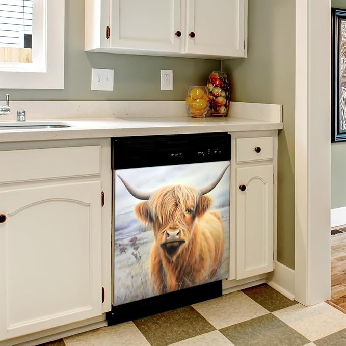 Dishwasher Magnet Cover Highland Cow Refrigerator Covers Magnetic Sheet Sticker Farmhouse Kitchen Decorative Home Cabinet Decals Appliances Stickers, 23x26 inch