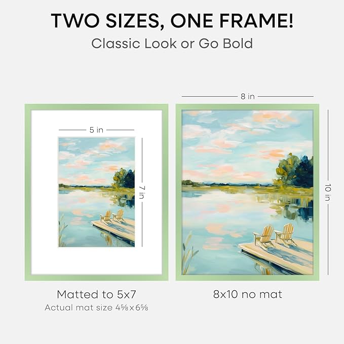 Homeforia 8x10 Picture Frame Sage Green, High End Metal 8 x 10 Poster Frames with Mat 5 by 7 Art, 10x8 Thin Frame Matted to 7x5 Photo, 8by10 Wall or Tabletop Frames, Tempered Glass, Wall Kit, Set of 2