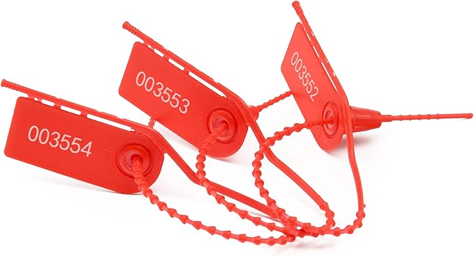 100 PCS Plastic Tamper Seals Pull Tight Security Seals Tags Breakaway Seals Numbered Zip Ties Disposable Self-Locking Ties for Fire Extinguisher, Tear Off Type, 210mm Length