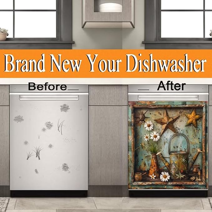 Rustic Farm Daisy Vase Flower Dishwasher Magnet Cover,23" x 26" Dishwasher Cover,Retro Barn Star Primitive Magnetic Decal Vinyl Sticker Kitchen Decor Refrigerator Magnets Self Adhesive Wrap