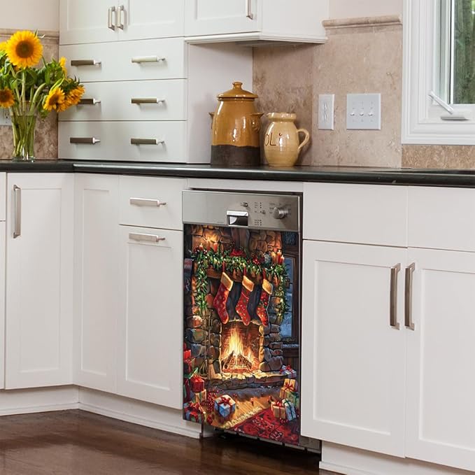 Christmas Stockings Fireplace Dishwasher Magnet Cover, Reusable Refrigerator Panel Stickers Microwave Front Door Covers Magnets for Kitchen Home Appliances Holiday Party Decorations 23 X 26 in