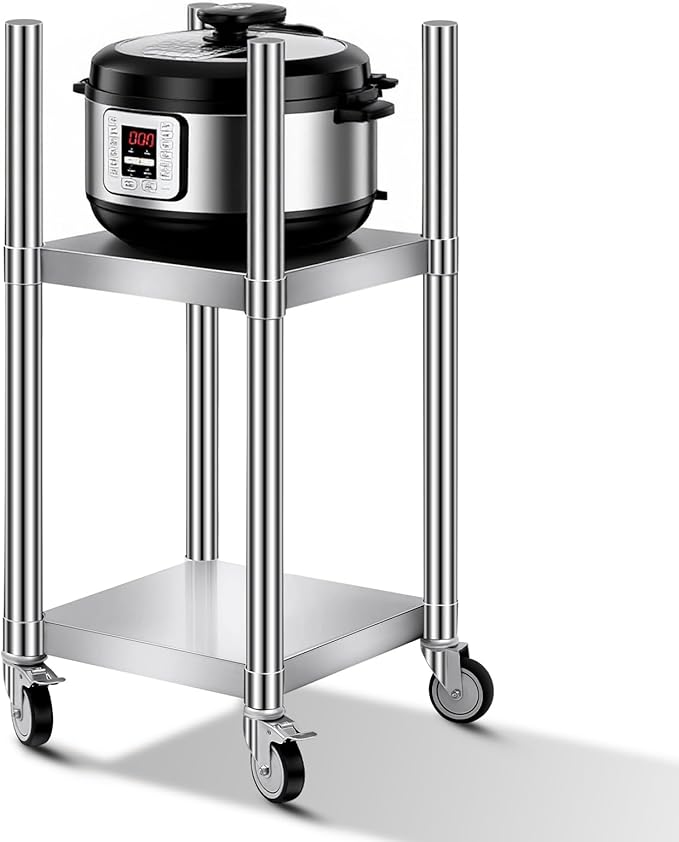 Shimeyao 14" x 14" x 31" Rice Warmer Stand Stainless Steel Rice Warmer Stand with 2 Shelves and 4 Casters Cooking Equipment Storage for Kitchen Restaurant