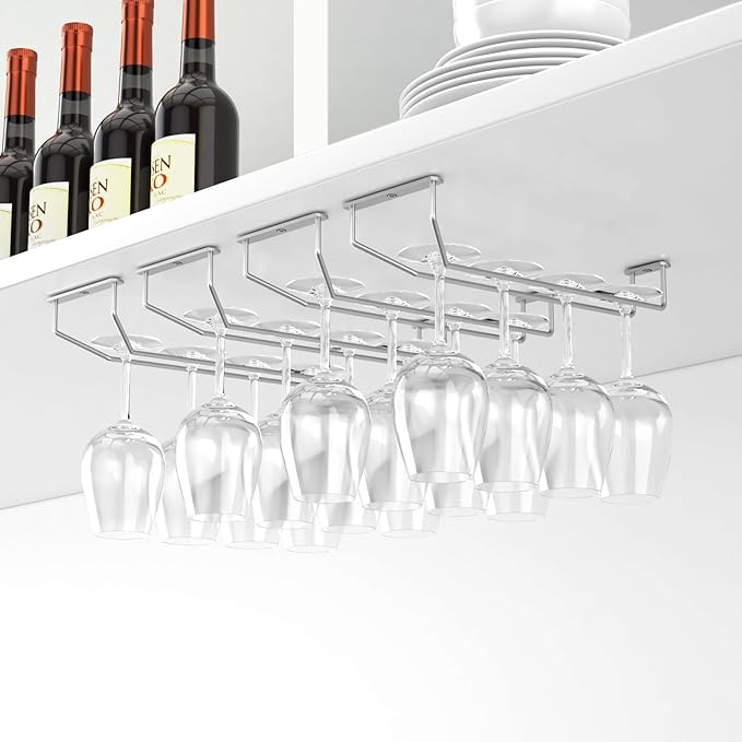 14-Inch Under Cabinet Wine Glass Holder - Metal Stemware Storage Hanger, Single Rail Hanging Rack for Kitchen Bar - Set of 2