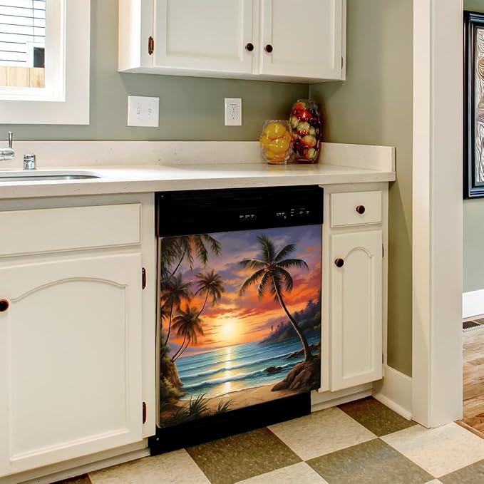 Dishwasher Magnet Cover Beach Sunset Tropical Palm Tree Reusable Dishwasher Magnetic Cover Sticker Decorative Dish Washer Door Cover Panel for Home Kitcen Appliance