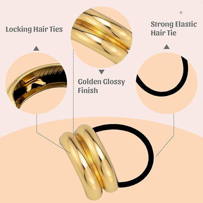 3PCS Gold Geometric Hair Ties - Polished Metal Hair Cuffs for Women, Non-Damage Ponytail Holders with Unique Shapes