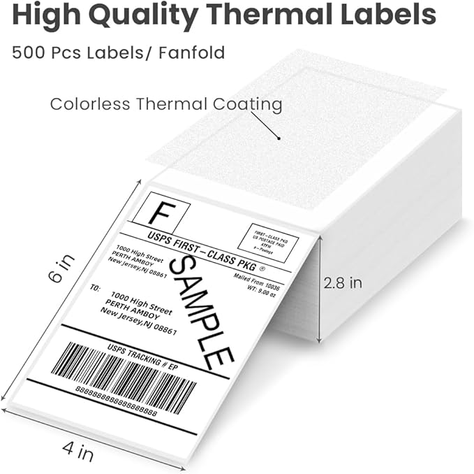 4x6 Thermal Labels, Fanfold Shipping Labels Strong Adhesive, Compatible with Vretti Jadens Munbyn Nelko Phomemo Rollo & Most Thermal Label Printer, Commercial Grade (500 Label/ 1 Stack) White