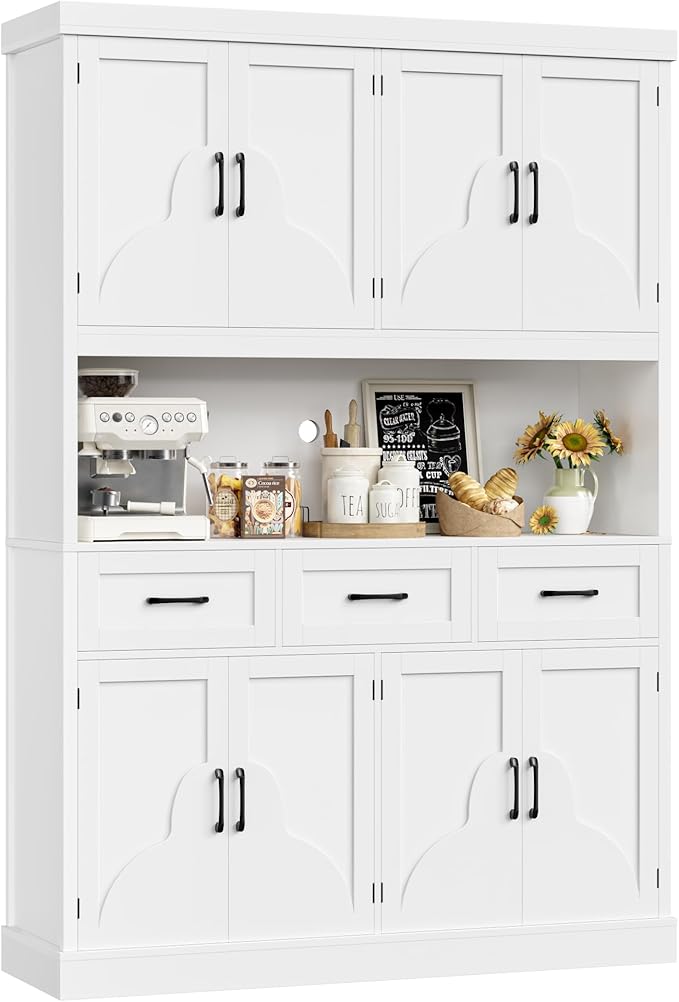 HITHOS 76" Tall Kitchen Pantry Storage Cabinet, 55“ Wide Kitchen Hutch Cabinet with Storage Drawers, Large Food Pantry with Microwave Stand, Modern Cupboard with Hutch for Dining Living Room, White