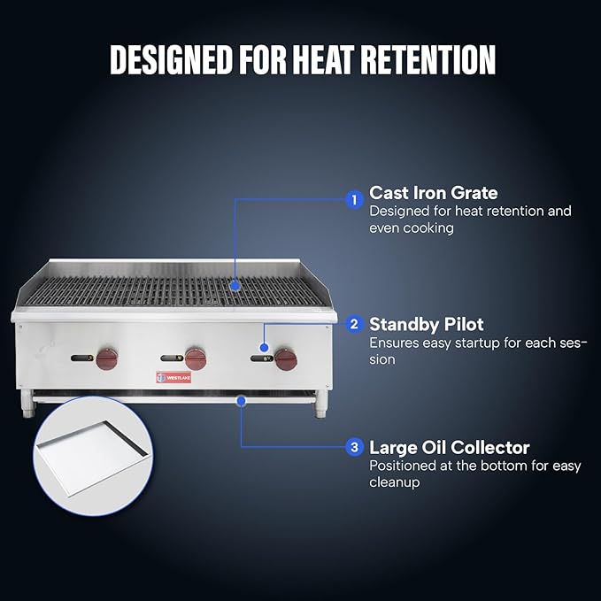 WESTLAKE 36"W Commercial Charbroiler Gas Countertop 3 Burner Natural Gas and Propane 90,000 BTU Char Broiler Stainless Steel BBQ Stove Grill for Restaurants