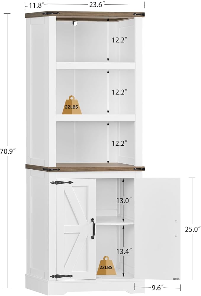 TEENFON 70.9in Tall Storage Cabinet with Adjustable Shelves, 5-Tier Bookshelf with Barn Doors, White Farmhouse Wood Bookcase for Living Room, Bedroom