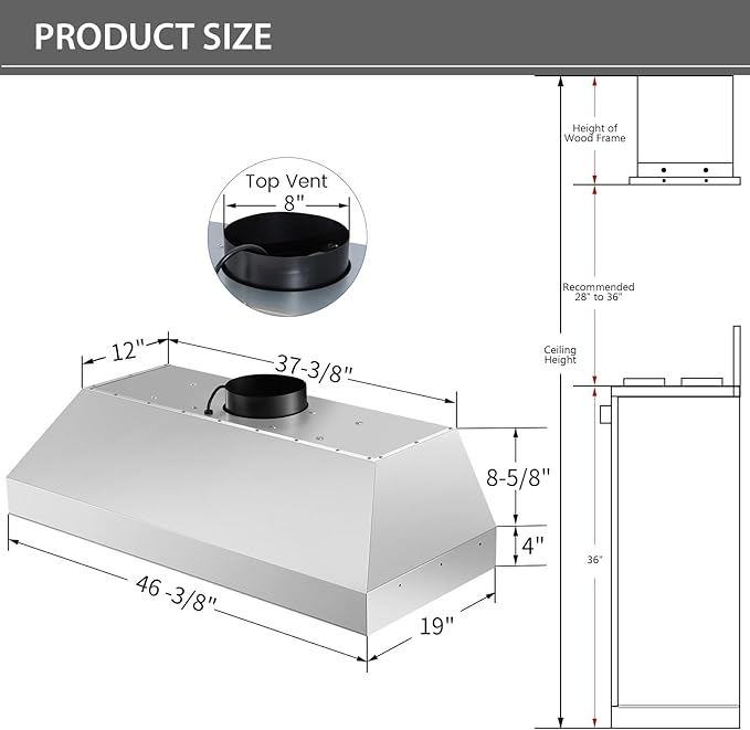Akicon 48 Inch Range Hood Insert With Heater Sensor, 1200 CFM Ultra-Quiet Stainless Steel Ducted Vent Hood Insert with 4 Speed Fan, Dimmable LED Lights and Dishwasher Safe Filters
