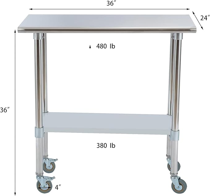 Stainless Steel Work Table 36“L x24 D, NSF Commercial Food Prep Worktable with Adjustable Undershelf and Casters for Restaurant, Home and Outdoors (36“L x24 D)