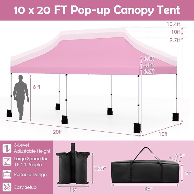 Tangkula 10x20 Ft Pop Up Canopy, Instant Setup Tent with 6 Sandbags, 12 Stakes & 6 Ropes, UPF 50+ Portable Outdoor Canopy Tent with Carrying Bag for Camp, Beach, Patio (Pink)