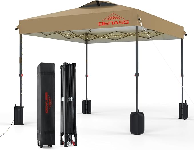 12x12 Pop Up Canopy, Easy Up Canopy Tent, Heavy Duty Tents for Parties, One Person Set Up Event Tent, Khaki