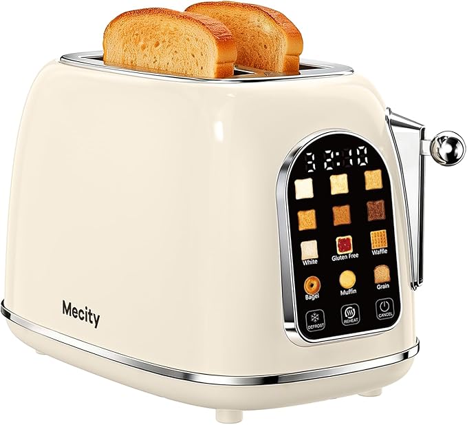 Mecity Toaster 2 Slice, Touch Screen Wide Slot Retro Toaster For Breads Bagel Muffin Waffle, House Warming Gift New Home, 120V 825W, Cream Color