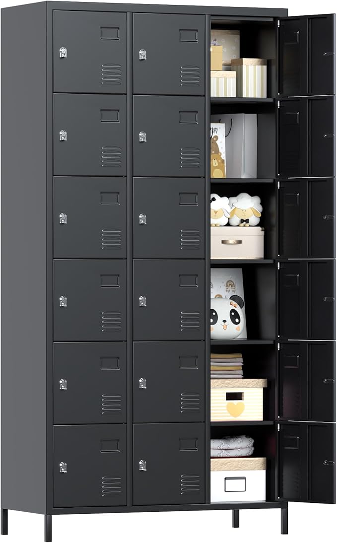 METAN Metal Locker for School Office Gym Bedroom, 18 Doors Black Steel Storage Locker Cabinet for Employees, Industrial Storage Locker, Assembly Required (18 Door-Black)