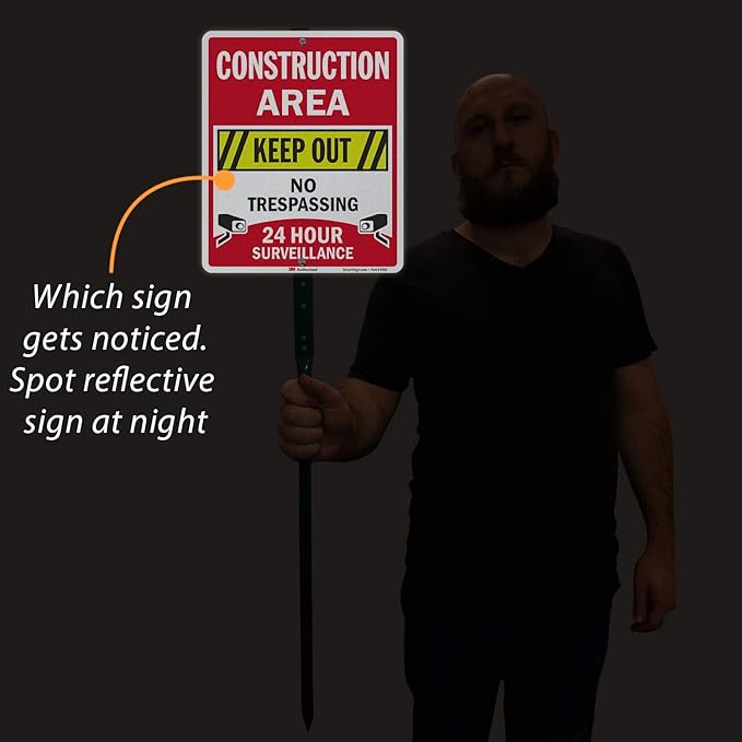 SmartSign 12" x 10" 'Construction Area Keep Out, No Trespassing, 24 Hour Surveillance' Yard Sign with 3 foot Stake, 40 mil Aluminum 3M Laminated Engineer Grade Reflective, Set of 1, USA-Made