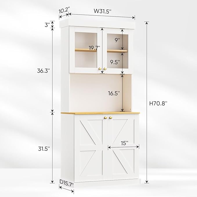 Vyre 71" Farmhouse Kitchen Pantry Cabinet Set of 4, White Freestanding Coffee Bar Hutch with Glass Doors & Adjustable Shelves, Large Storage Cabinet with Microwave Stand for Living Room & Kitchen