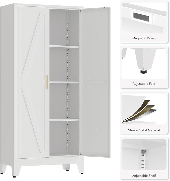 61" Tall Pantry Cabinet, White Metal Pantry Storage Cabinet, Kitchen Pantry Storage Cabinets with 2 Door and 3 Adjustable Shelves (White, 61" H)