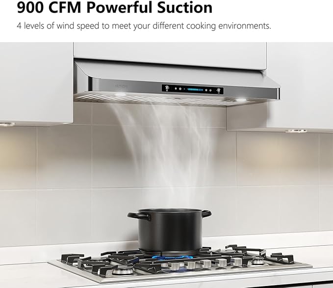 IKTCH 36 Inch Under Cabinet Range Hood with 900-CFM, 4 Speed Gesture Sensing&Touch Control Panel, Stainless Steel Kitchen Vent with 3 Pcs Baffle Filters(IKC01-36)