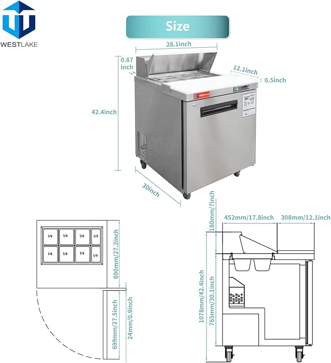 WESTLAKE 27" W Refrigerator Sandwich & Salad Prep Table Commercial Stainless Steel Counter Fan Cooling Refrigerator with 8 Pans-27 Inches for Restaurant, Bar, Shop, etc