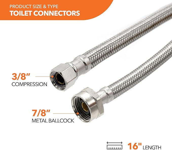 Stainless Steel Braided Water Connectors with Reinforced PVC Inner Hose for Toilets, 3/8" Compression x 7/8" Metal Ballcock, 16" Length (5Pack)